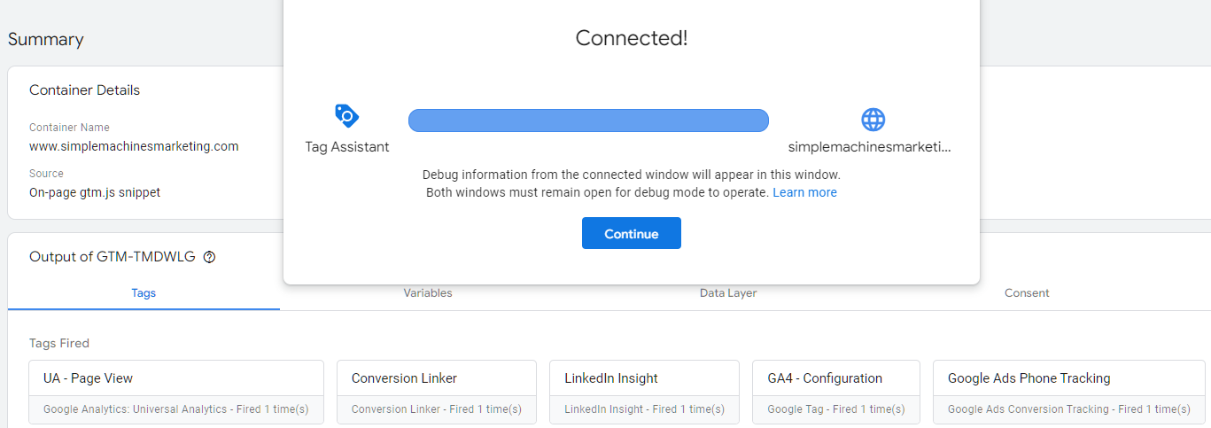 Google Tag Manager Preview Connected