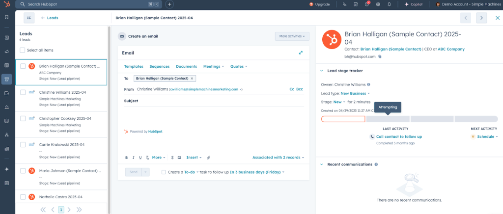 Screenshot of sample HubSpot Lead