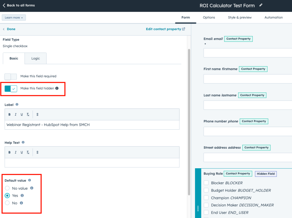HubSpot Hidden Form Fields Screenshot