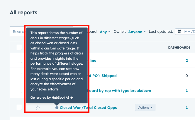 Screenshot showing HubSpot Report Description
