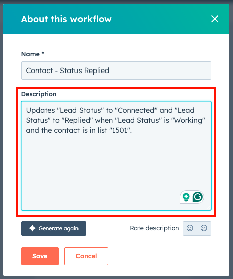 Illustration of HubSpot workflow description function